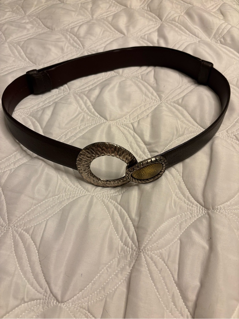 Chico's Dark Brown Leather Belt with Textured Silver and Gold-Tone Oval Buckle